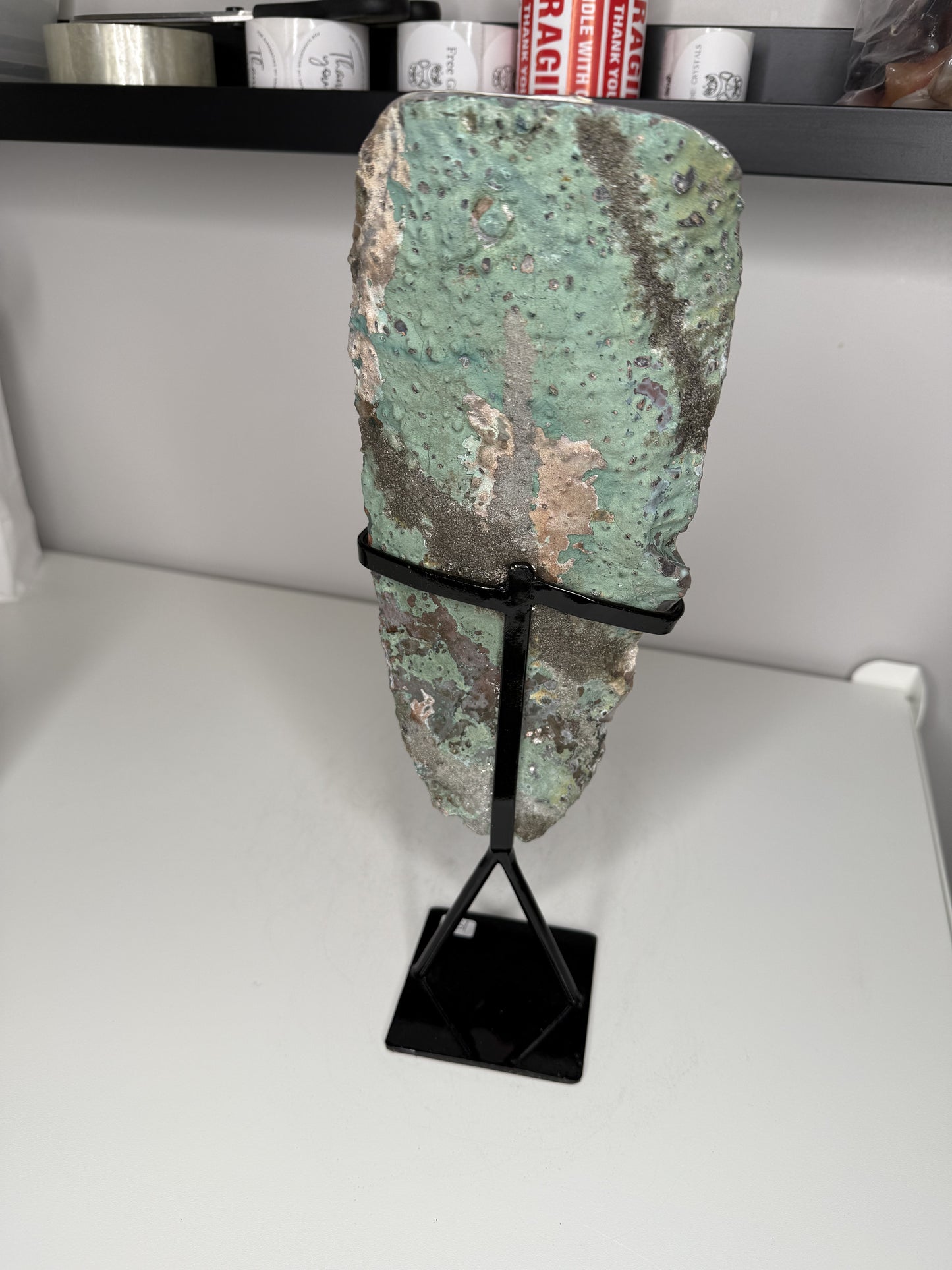 Green Druzy Amethyst Freeform on stand