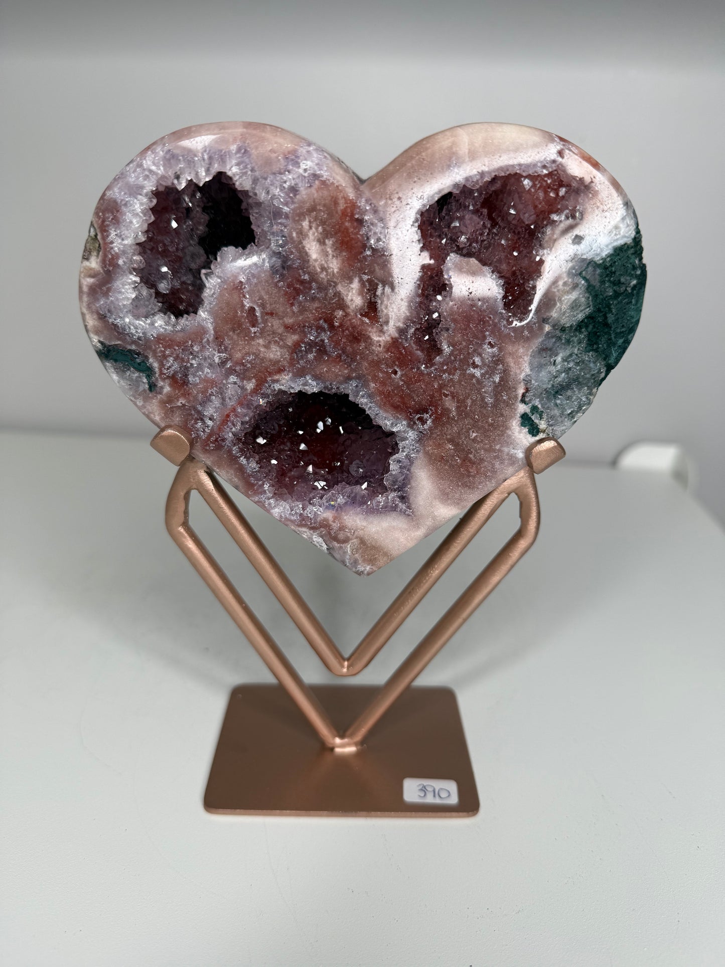 Pink Amerhyst Druzy Heart on stand EXTRA High Quality