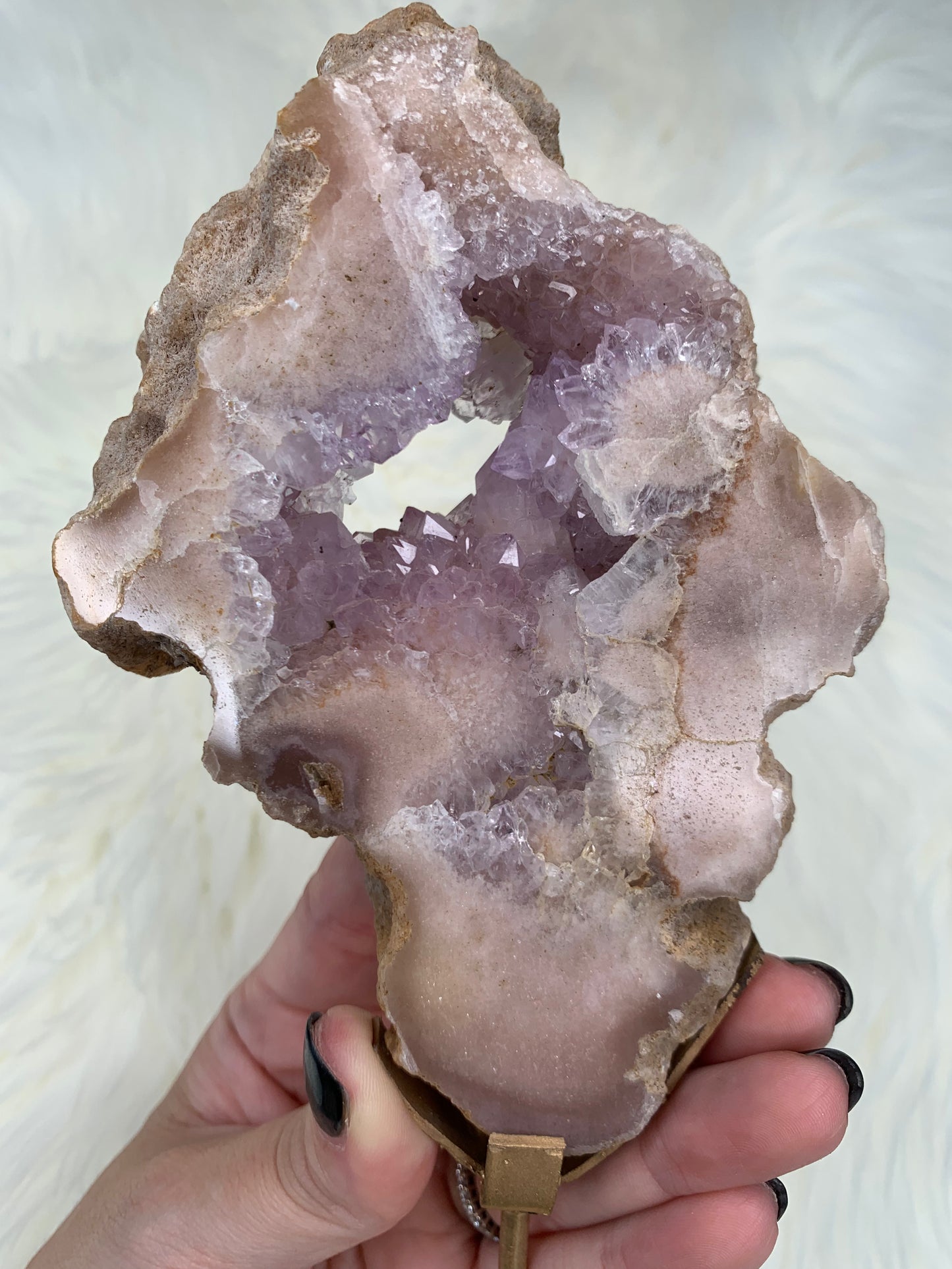 Pink Amethyst with lilac druzy Slab on stand
