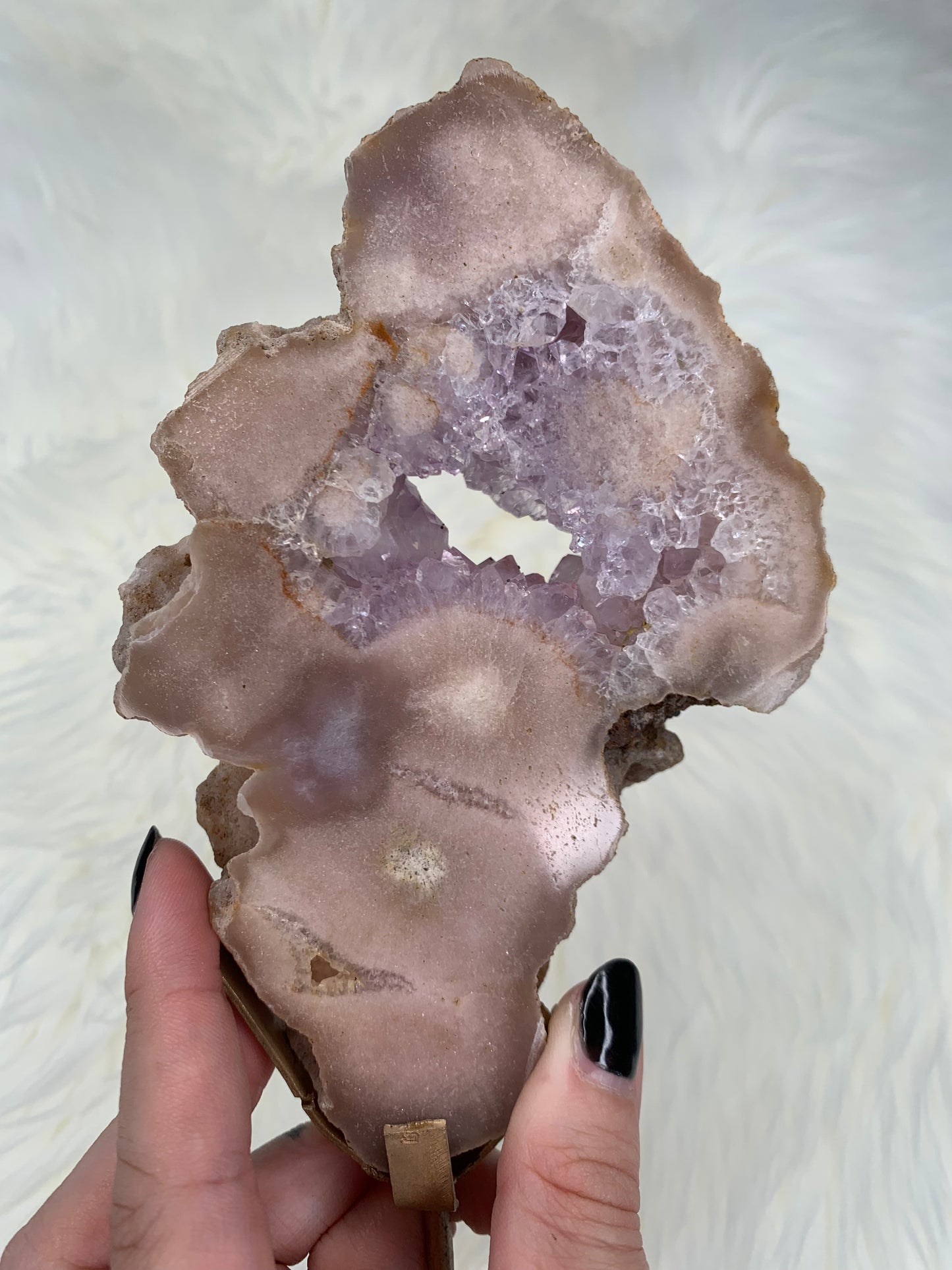 Pink Amethyst with lilac druzy Slab on stand